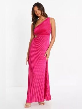 One-Shoulder Fuchsia Pleated Maxi Dress